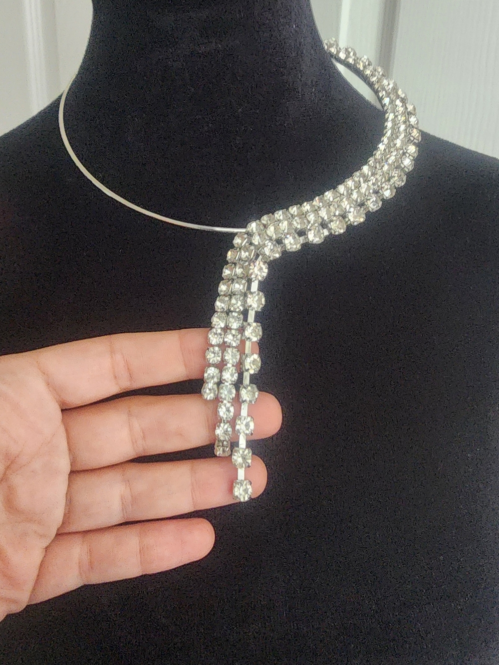 Source Unknown Silver Rhinestone Cascade Collar Necklace